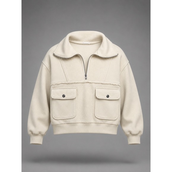 new in Tops - New In Cream‎ Fleece Quarter Zip Utility Pullover Jacket Small NT10924